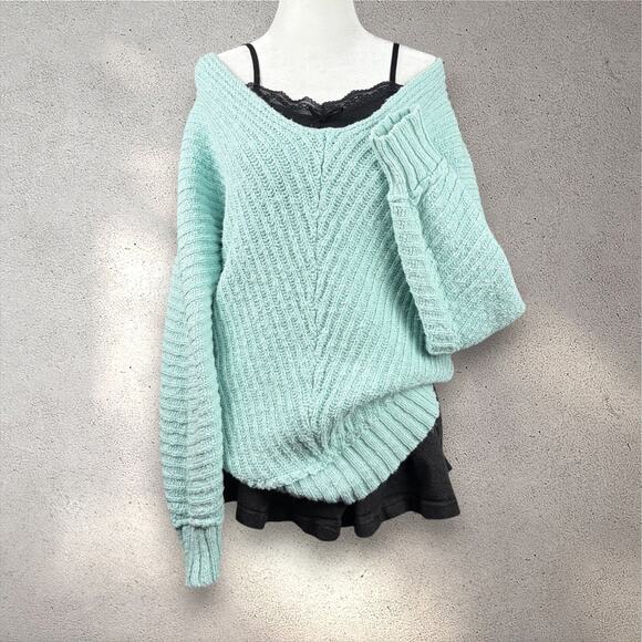 Free People Sweaters - Free People Sunset V-Neck Pullover Sweater Women's M Blue Chunky Knit Boho Cozy